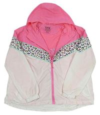Neonově růžovo-bílá šusťáková jarní bunda s kapucí a vzorem zn. Y.F.K.