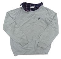 Šedý svetr s košilovým límcem a výšivkou zn. Minoti 