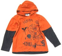 Oranžovo- šedé triko s kapucí a potiskem