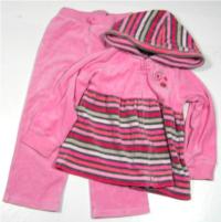 Set: růžovo-pruhovovaná sametová propínací mikinka s kapucí + kalhoty 