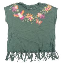 Tmavozelené crop tričko s kytičkami s flitry zn. C&A
