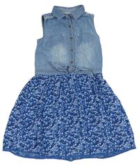 Modré lehké šaty s riflovým vrškem a květovanou sukní zn. C&A