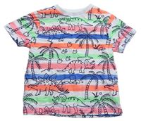 Bílo-barevné pruhované tričko s dinosaury a palmami zn. F&F