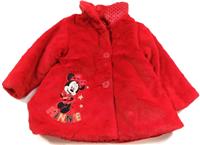 Červený chlupatý zateplený kabátek s Minnie a límečkem zn. George + Disney