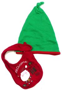 2Set - Zeleno-červená vánoční čepice + bryndák se Santou zn. miniclub
