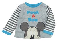 Šedo-bílo-tmavošedo-azurové melírované pruhované pyžamové triko s Mickey zn. Disney
