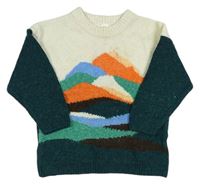 Smetanovo-tmavozelený vlněný svetr s horami zn. H&M