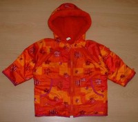 Červeno-oranžová šusťáková zateplená bundička s kapucí a beruškami