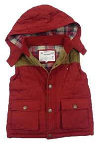 Červeno-hnědá prošívaná šusťákovo/manšestrová zateplená vesta s odepínací kapucí zn. M&S