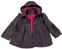 Tmavošedý flaušový oteplený kabát s puntíky a kapucí a límečkem zn. F&F