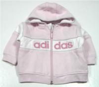 Růžovo-bílá propínací mikinka s kapucí a nápisem zn. Adidas 