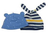 2x bavlněná čepice - modrá s hvězdami + šedo-tmavomodro-žlutá pruhovaná s oušky