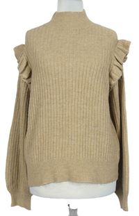Dámský béžový žebrovaný svetr s volánky zn. New Look 
