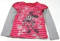 Růžovo-červené pruhované triko s Minnií a šedými rukávy zn. Disney