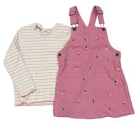2set - Růžové riflové laclové šaty s kytičkami + pruhované triko zn. M&S