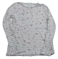 Bílo-světlerůžové pruhované žebrované pyžamové triko s kytičkami zn. F&F