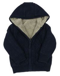 Tmavomodrý propínací zateplený svetr s kapucí zn. Mothercare