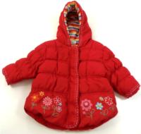 Červená šusťáková zimní bunda s kapucí a kytičkami zn. Next 