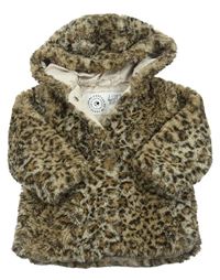 Béžová chlupatá zateplená bunda s leopardím vzorem a kapucí zn. George