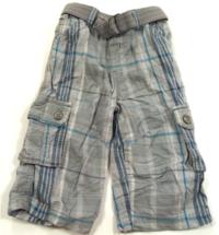 Šedo-modré kostkované 7/8 plátěné kalhoty s páskem 
