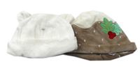 2set - Béžovo-bílá sametová čepice s nášivkou + bílá sametová - medvídek zn. F&F