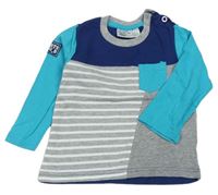 Šedo-bílo-modro-tmavomodré triko s pruhy a kapsičkou zn. Ergee