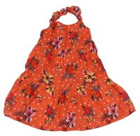 Korálové puntíkaté plátěné šaty s květy zn. Primark