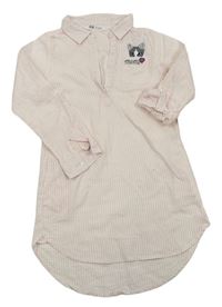 Světlerůžovo-bílé pruhované košilové lehké šaty s kočkou zn. H&M