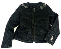 Černá prošívaná koženková podšitá bunda s kytičkami/korálky zn. Candy Couture 