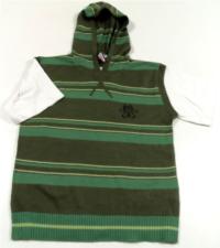 Khaki-zelená pruhovaná svetrová vestička s tričkem 