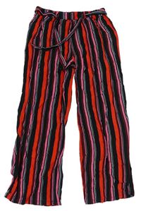 Černo-růžovo-červené pruhované palazzo kalhoty s páskem zn. E-Vie