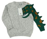 Šedý melírovaný svetr s dinosaurem zn. Tu
