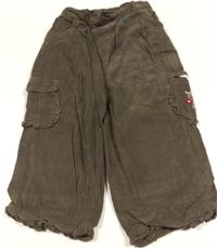 Hnědé manžestrové oteplené kalhoty s kytičkami 