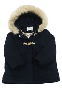Tmavomodrý vlněný zateplený zateplený kabát s kapucí zn. Zara 