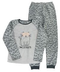 Světlešedo-šedé vzorované chlupaté pyžamo s kočičkou zn. PRIMARK
