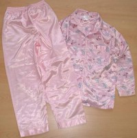 Růžové saténové pyžámko košile+ kalhoty s potiskem