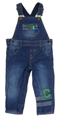 Modré riflové laclové kalhoty s písmenkem a nášivkami zn. F&F