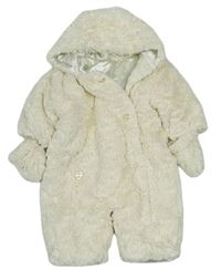 Smetanová kožešinová zateplená kombinéza s kapucí + rukavice zn. Mothercare