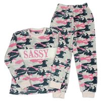 Šedo-růžové army chlupaté pyžamo s nápisem 