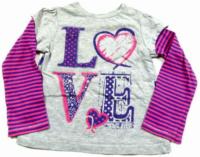Šedo-růžovo-fialové pruhované triko s nápisem 