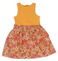 Oranžovo-barevné bavlněno/plátěné šaty s květy zn. George