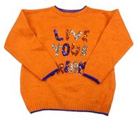 Oranžový svetr s nápisem z flitrů zn. M&Co.