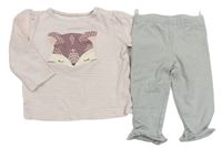 2set - Bílo-růžové pruhované triko s liškou + legíny zn. C&A