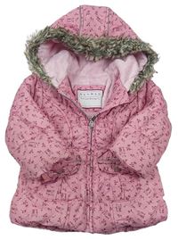 Růžová šusťáková zimní bunda se sovičkami a kapucí s kožešinou zn. NUTMEG