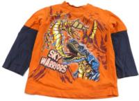 Oranžovo-tmavomodré triko s dinosaury zn. Duck&Dodge
