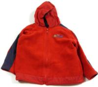 Červeno-modrá fleecová bundička s kapucí a nápisem 