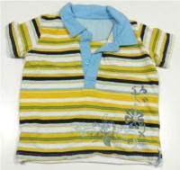 Žluto-modro-bílé pruhované tričko s límečkem 