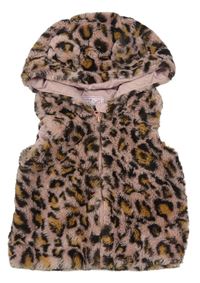 Růžovo-hnědá chlupatá podšitá vesta s leopardím vzorem a kapucí zn. M&Co