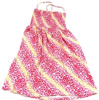 Bílo-růžovo-tmavorůžovo-žluté vzorované letní šaty