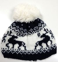 Bílo-tmavomodrá pletená čepice s jeleny zn. F&F